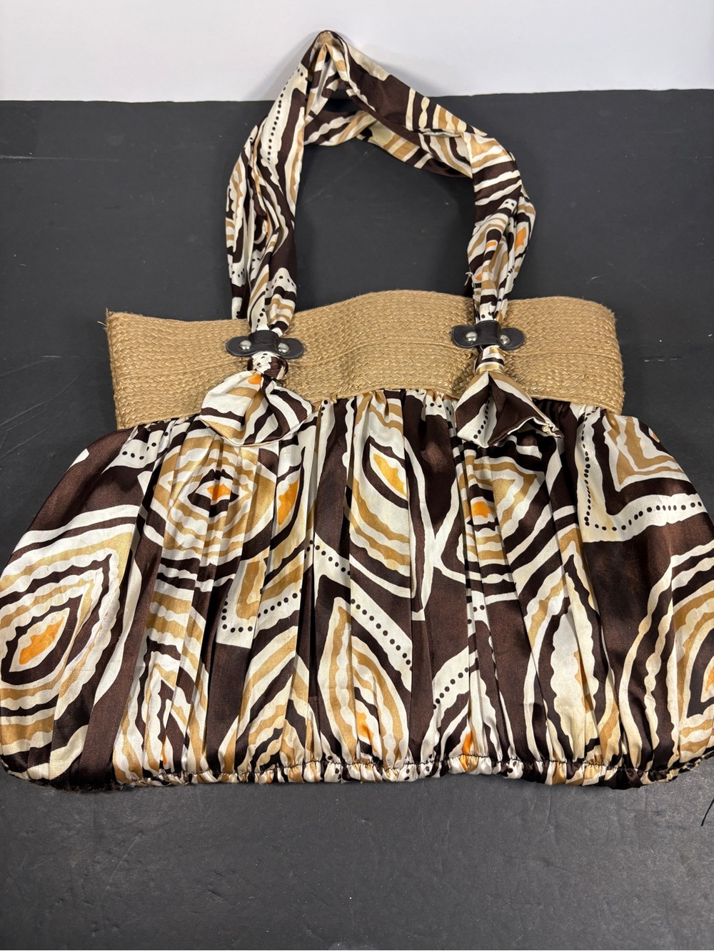Vintage Sun & Sand Boho Straw & Pleated Satin Shoulder Bag Geo Print EUC
